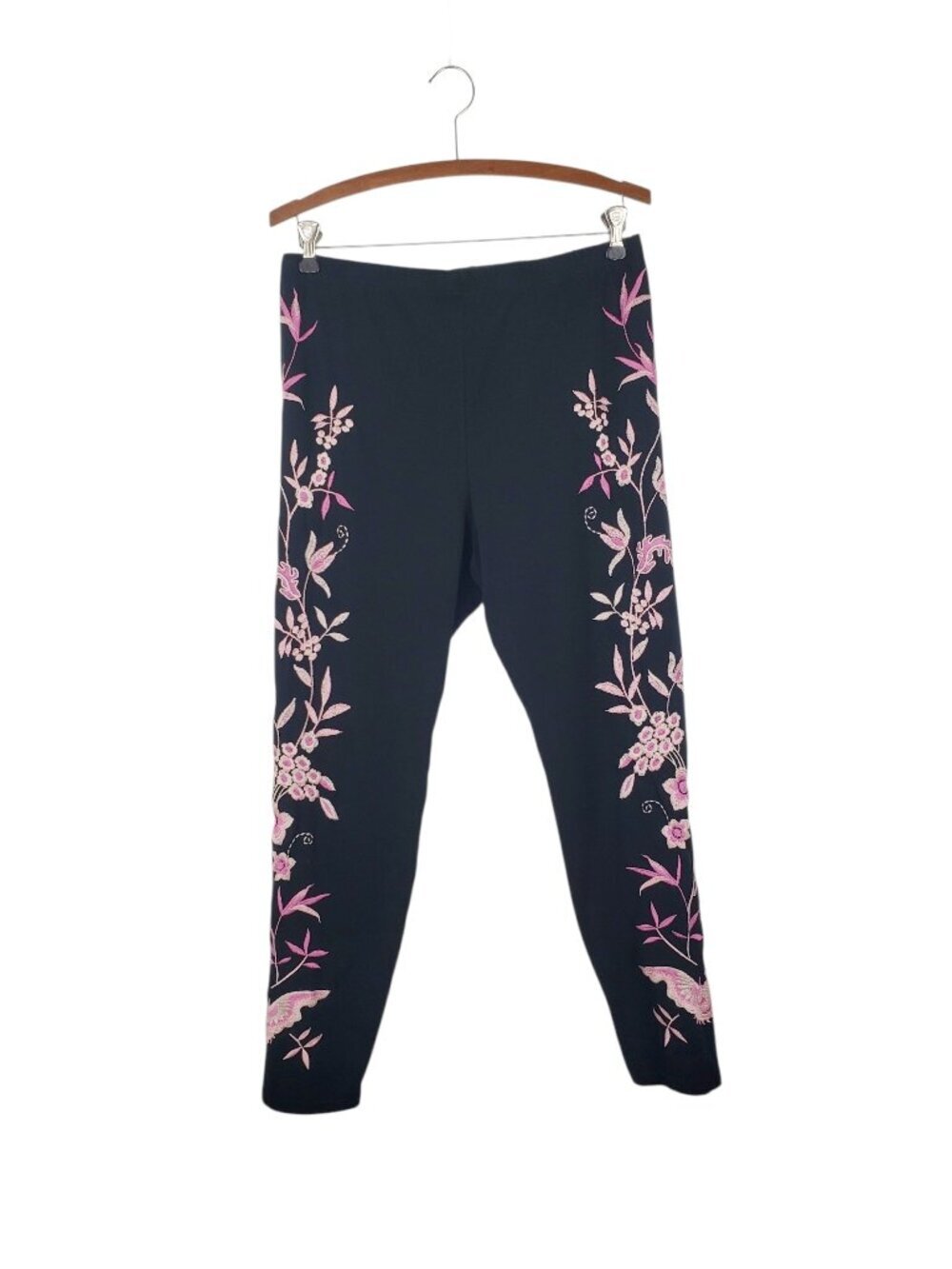 Johnny Was JW Los Angeles Rosalyn Leggings Black Pink Embroidered Womens Large